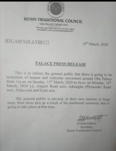 Oba of Benin restrict movement of Human and Vehicle around Oba Palace