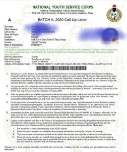 NYSC 2020 Batch A Stream II Call Up Letter