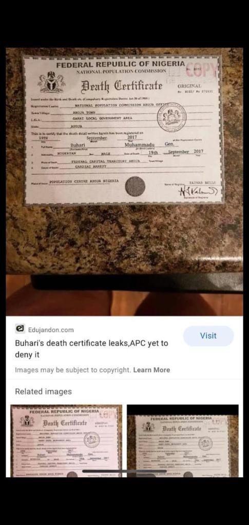 President Buhari death certificate