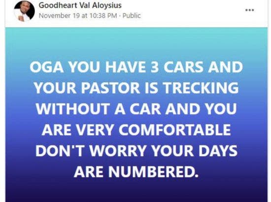 “If you have 3 cars and your Pastor is trekking, your days are number” – Nigerian Prophet