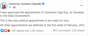Governor Obaseki Appoints New Secretary to the State Government