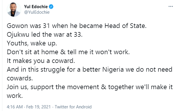 In this struggle for a better Nigeria we do not need cowards - Yul Edochie tells Nigerian youths