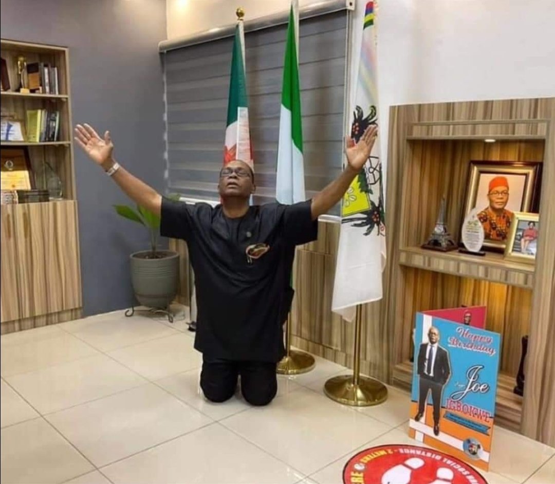 Joe Igbokwe shared a photo of himself kneeling and raising his hands in thanksgiving over the arrest of Kanu.