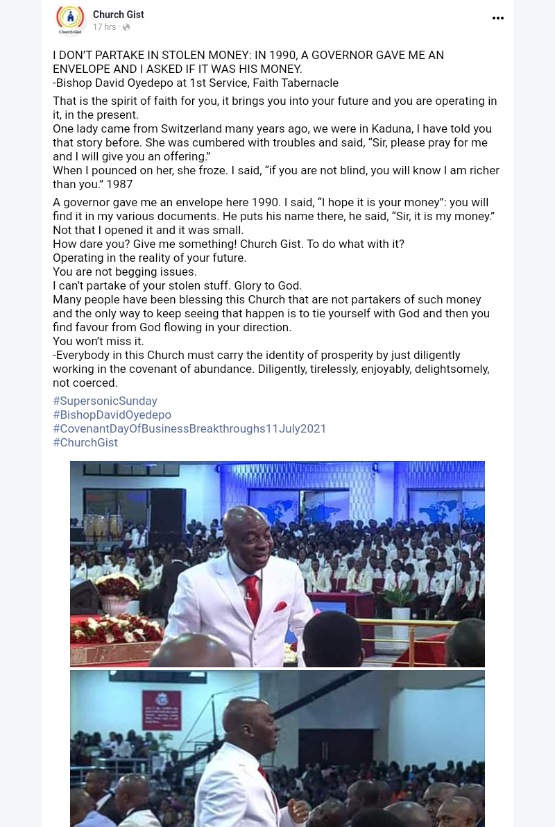 Bishop Oyedepo Reveals What He Told A Governor Who Gave Him 'Stolen Money'