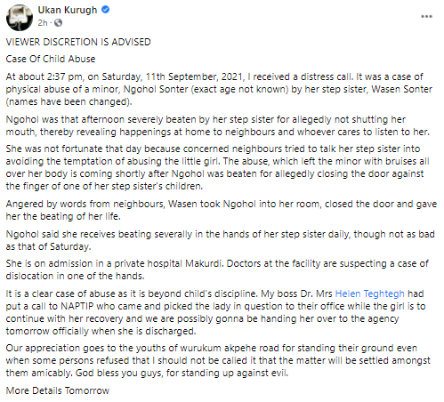 Girl allegedly battered by her stepsister in Benue (photos)
