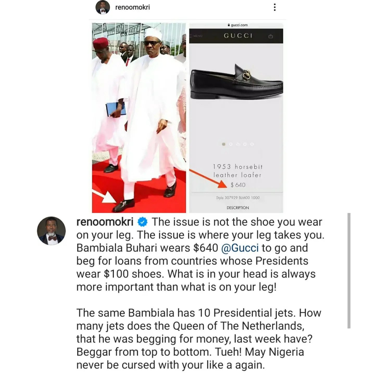 Buhari wears $640 Gucci shoes to beg for loans from countries whose Presidents wear $100 shoes - Reno Omokri