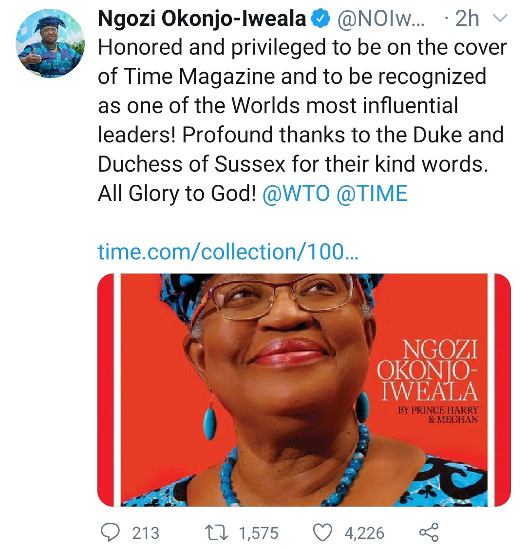 Ngozi Okonjo-Iweala makes Time 100 Most Influential People list