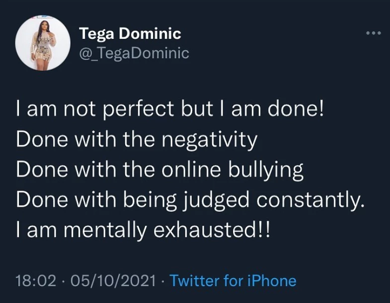 BBNaija star, Tega Dominic, deactivates IG handle hours after saying she was done with online bullying 