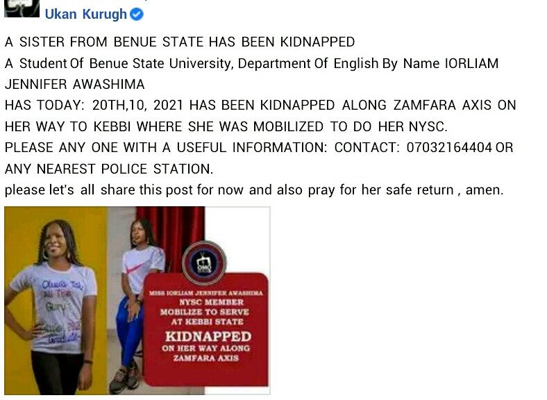 Suspected bandits kidnap prospective corps member on her way to NYSC orientation camp in Kebbi 