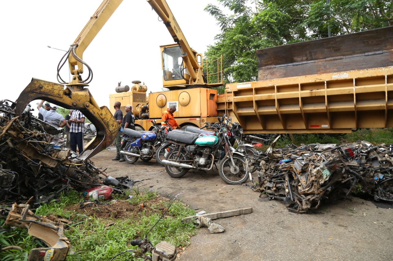 Lagos state police command crush 482 motorcycles impounded from traffic offenders 