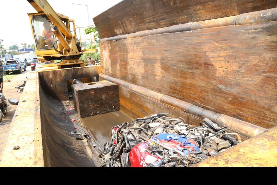 Lagos state police command crush 482 motorcycles impounded from traffic offenders 