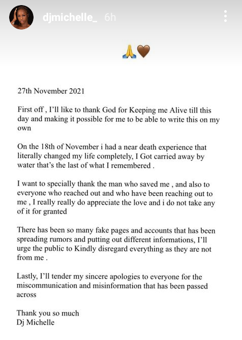 The last thing I remember was being carried away by water - DJ Michelle opens up about her near-death experience 