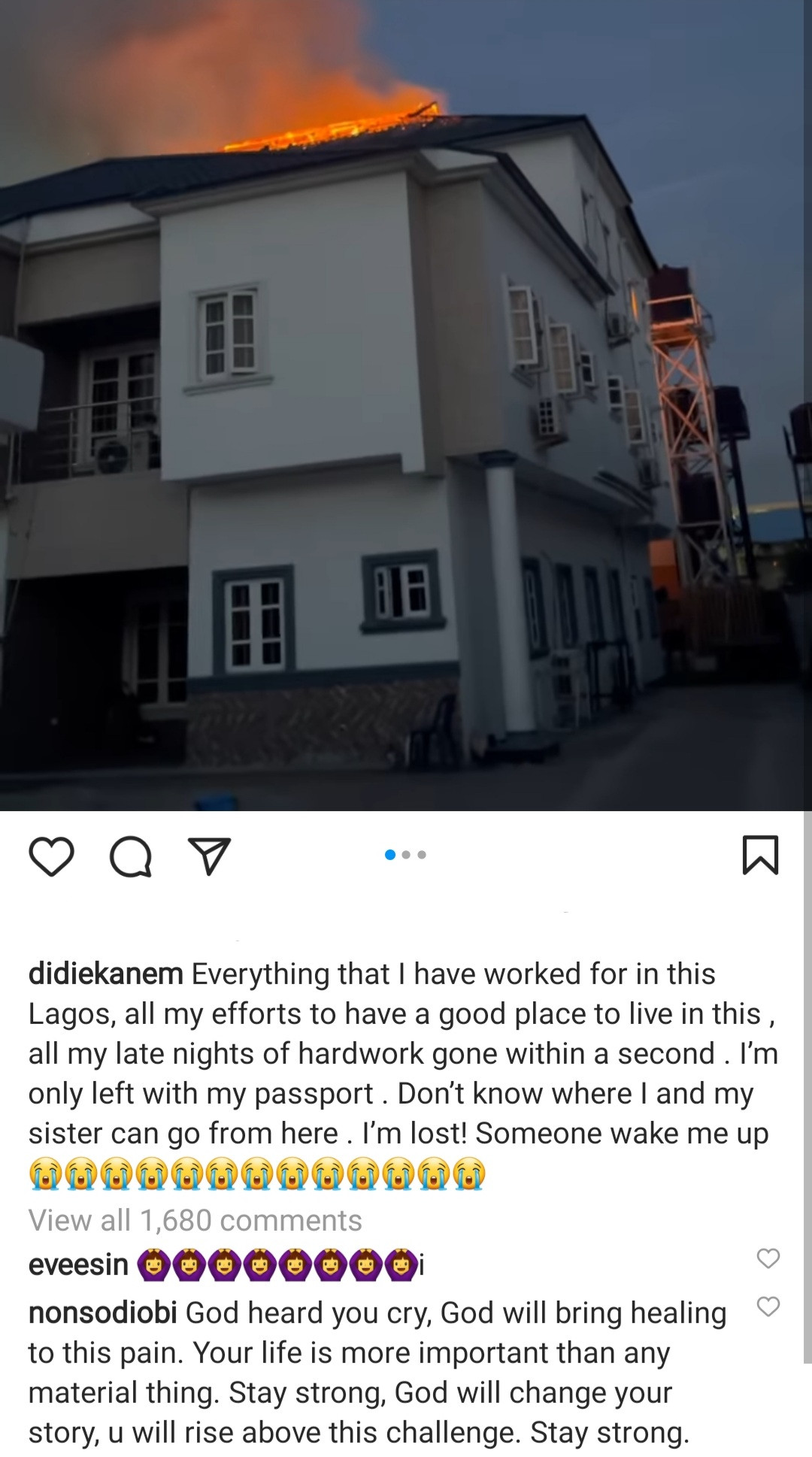 Actress Didi Ekanem in tears as fire razes her home with all her properties (videos)