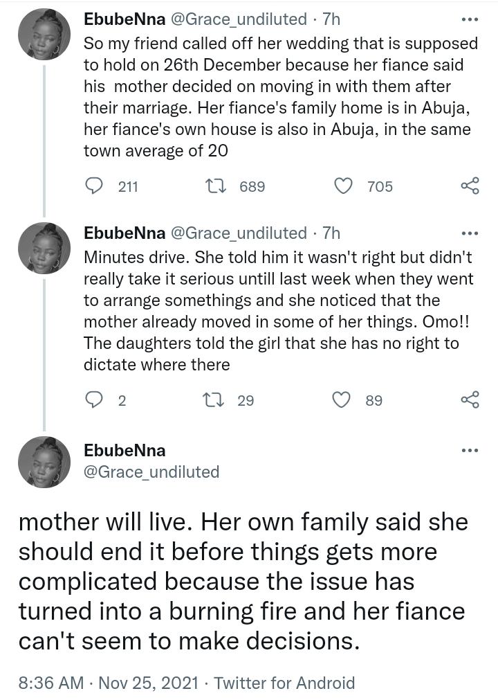 Nigerian Lady calls off her wedding because her mother-in-law moved into her intended matrimonial home