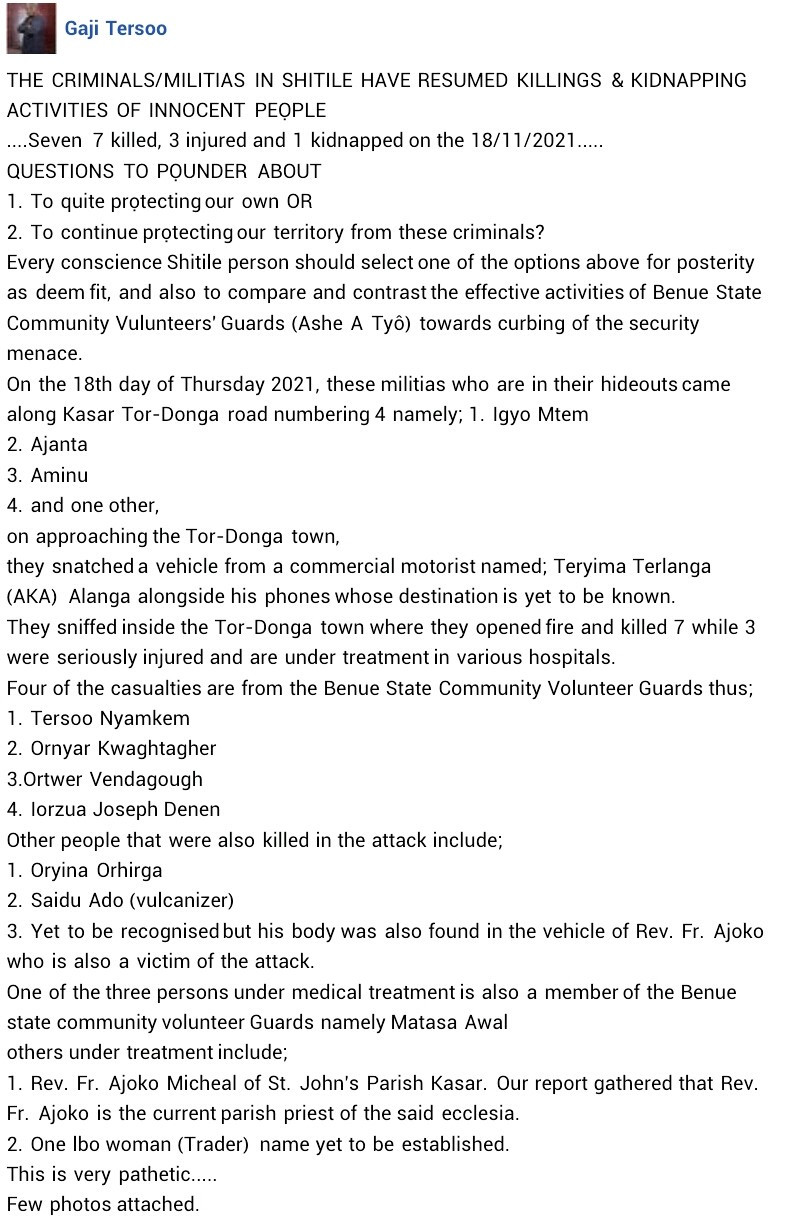 7 killed, Catholic priest, four others injured as gunmen invade Benue community 