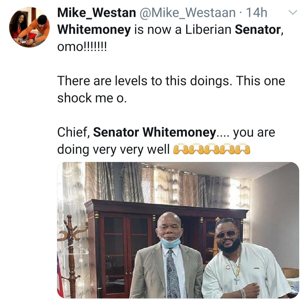 Whitemoney becomes a Senator in Liberia; assigned official car