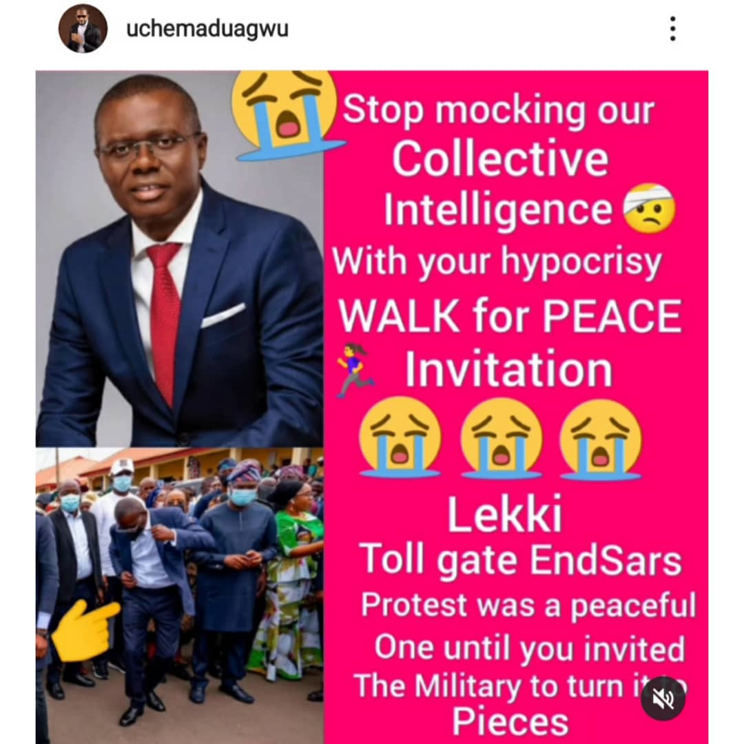 Tender your resignation letter. That is the first step to healing Lagos - Actor Uche Maduagwu tells Gov Sanwo-Olu hours after he announced plans to organize a peace walk
