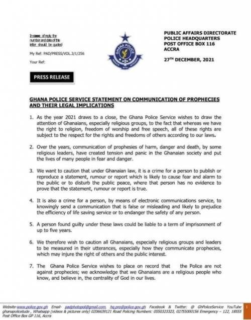 Ghana Police Vow To Prosecute Religious Leaders Over false Prophecies in 2022