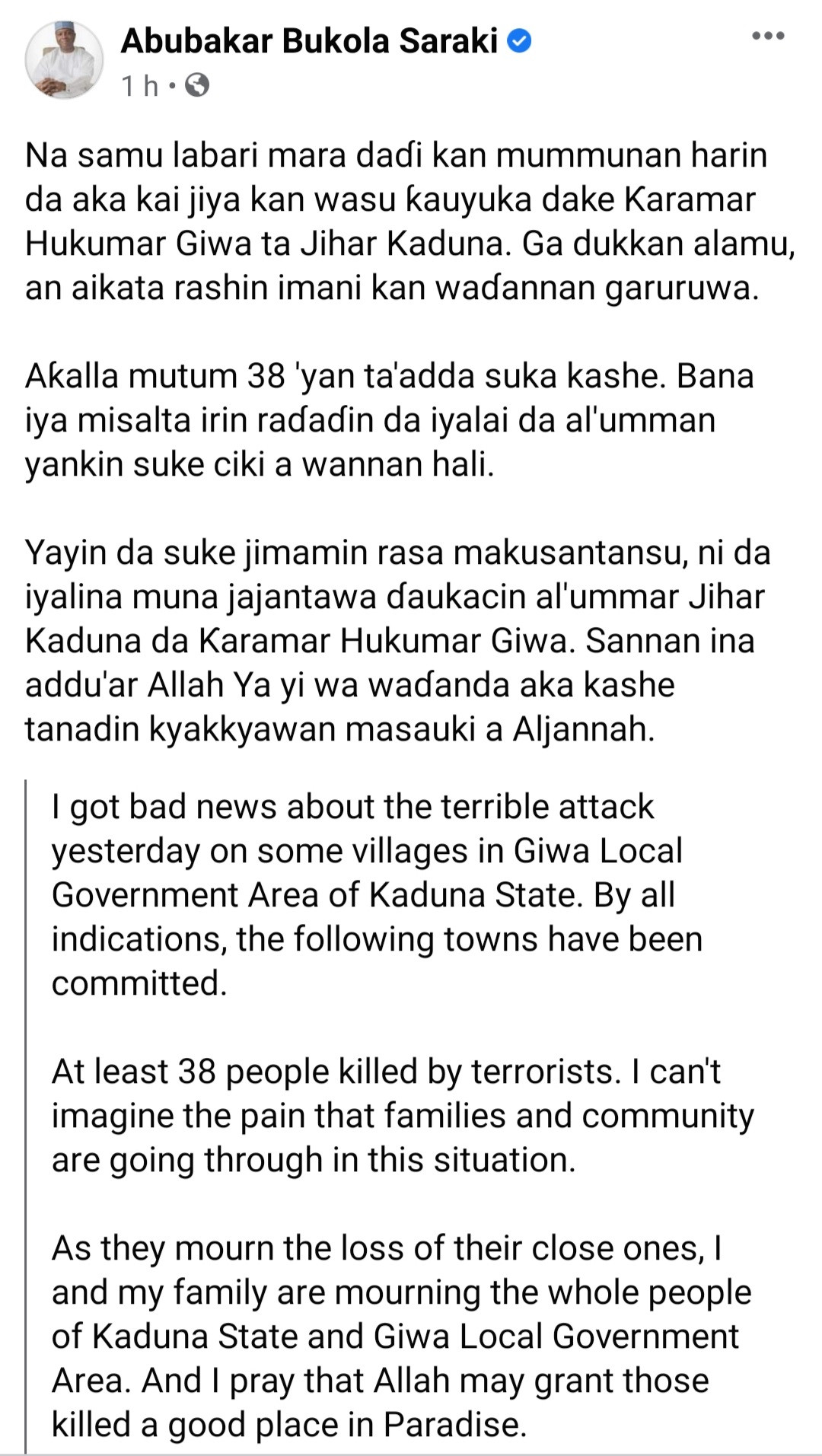 Bukola Saraki reacts as 38 people are killed in fresh attack in Kaduna