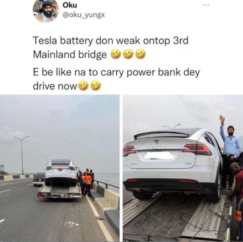 Tesla car packs up on Third Mainland Bridge 