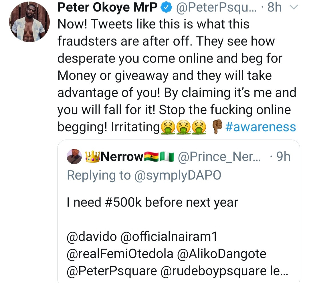 Online begging is irritating - Peter Okoye slams online beggars and tells them they are easy preys for scammers