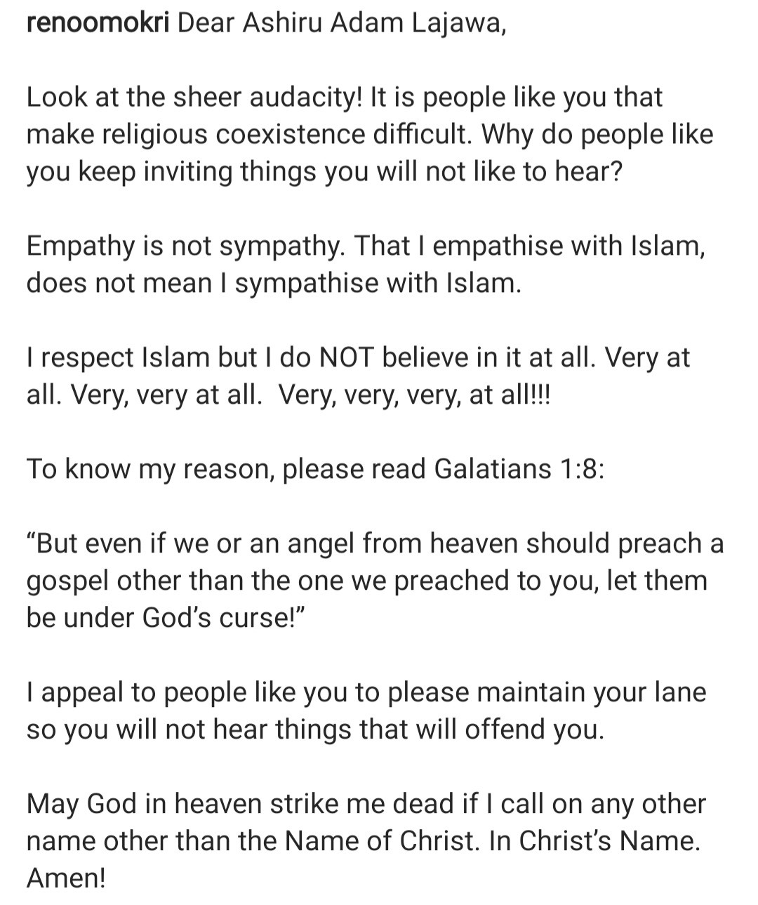 I do not believe in Islam at all - Reno Omokri hits out at a Muslim follower who asked why he won