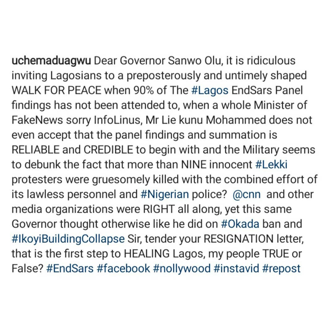 Tender your resignation letter. That is the first step to healing Lagos - Actor Uche Maduagwu tells Gov Sanwo-Olu hours after he announced plans to organize a peace walk