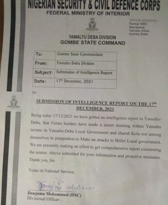 Gombe NSCDC debunks ?intelligence report? on Fulani attack