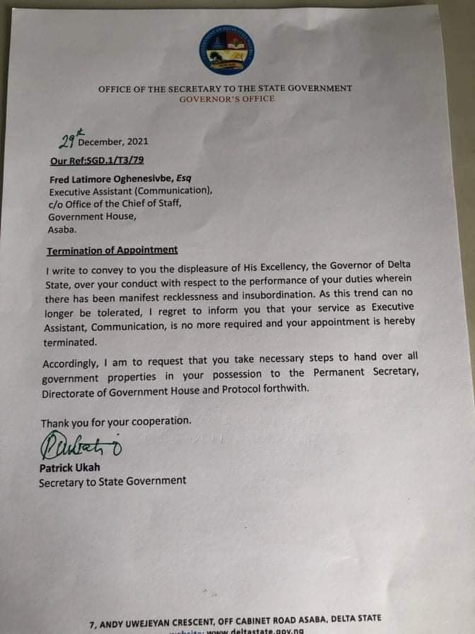 Governor Okowa sacks aide over alleged recklessness and insubordination