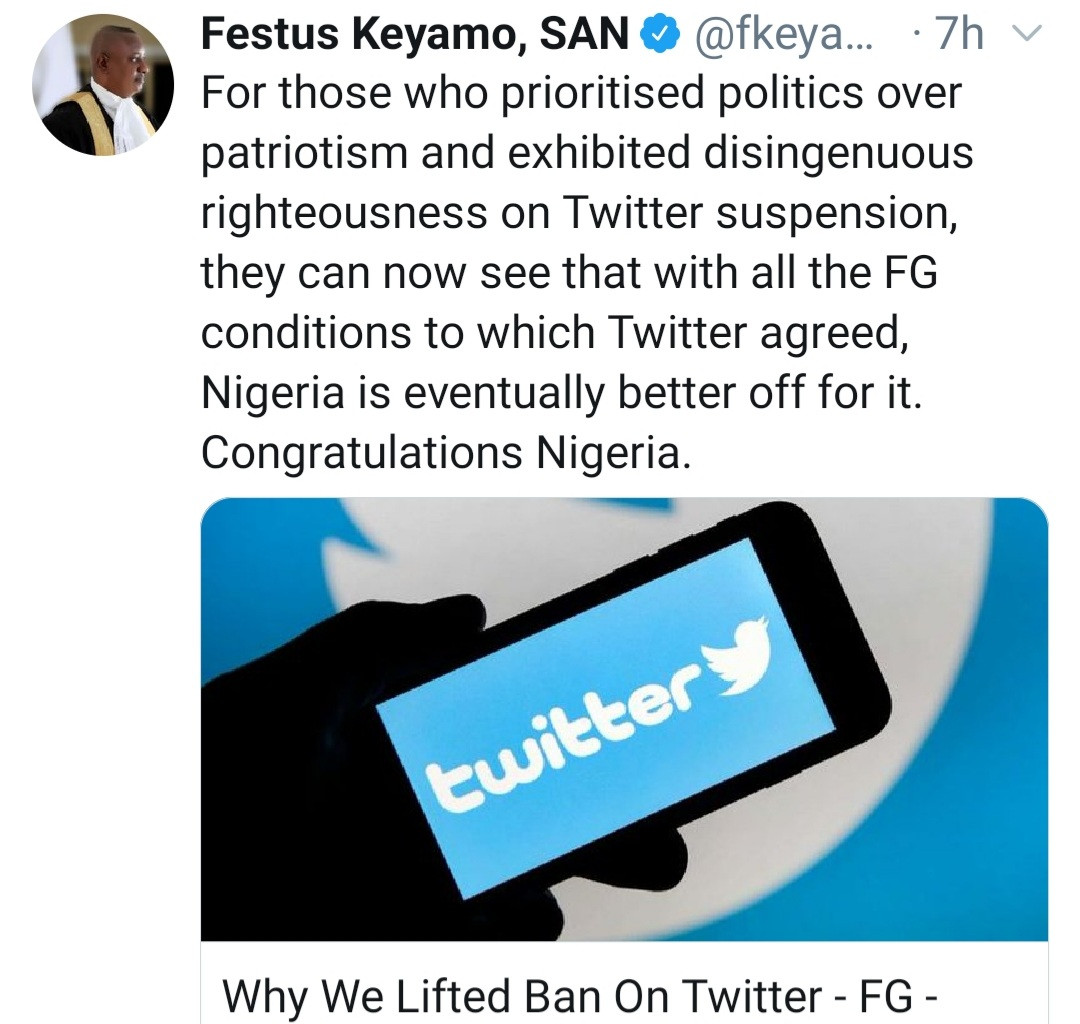 "Nigeria is better with conditions met" Festus Keyamo writes in first tweet posted after FG lifted ban