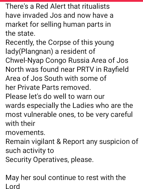 Another young woman reportedly found dead in Jos with her vital parts missing 