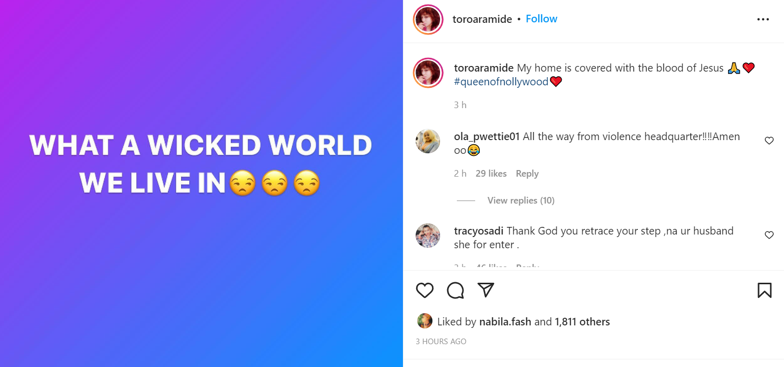 What a wicked world we live in, My home is covered with the blood of Jesus - Actress Toro Aramide writes after former BFF, Mercy Aigbe unveiled her new man
