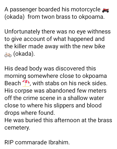 Suspected robber stabs Okada rider to death in Bayelsa, steals his new motorcycle