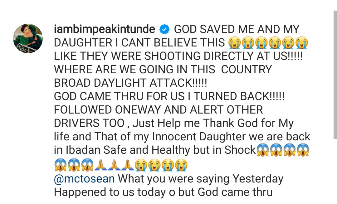 Actress Adebimpe Akintunde and daughter escape attack by bandits on Lagos-Ibadan expressway
