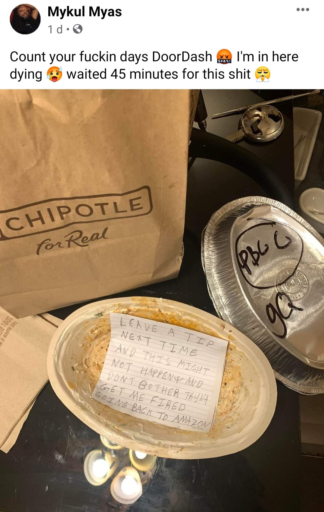 Man shares rude note he received from a delivery driver who intentionally delayed his food delivery because he didn
