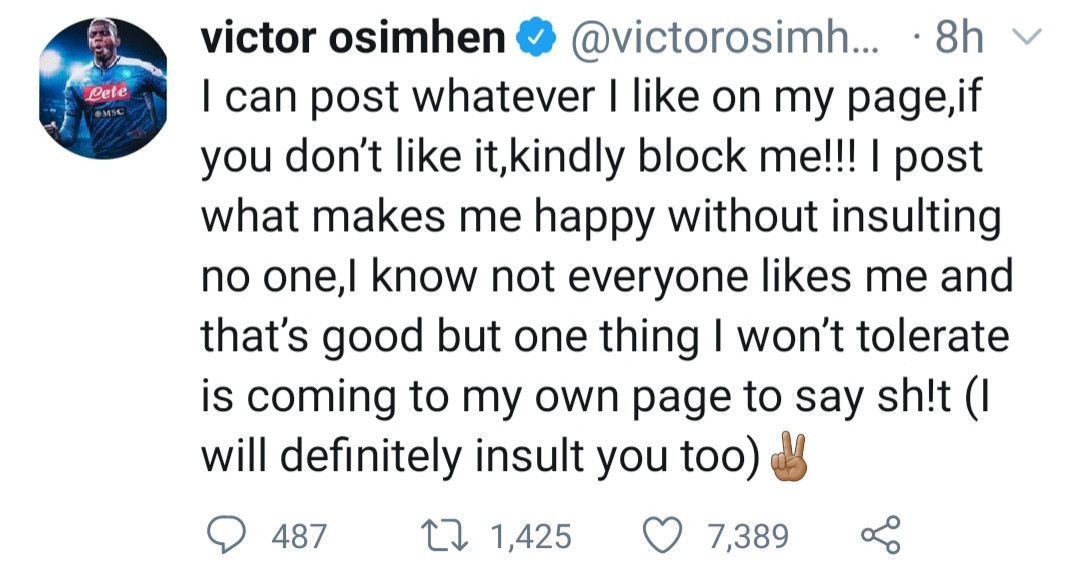 Victor Osimhen tells off Twitter user who criticized him for the way he uses social media