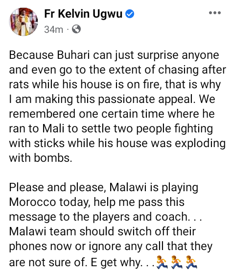Malawi-based Nigerian Catholic priest appeals to Malawi national football team to switch off phones ahead of match with Morocco, says "Buhari can surprise anyone"
