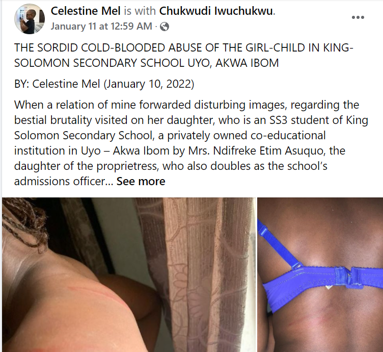 Akwa Ibom school defends teacher who flogged student mercilessly and left her with cane marks because her 