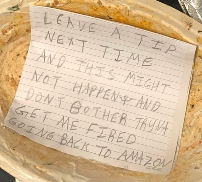 Man shares rude note he received from a delivery driver who intentionally delayed his food delivery because he didn