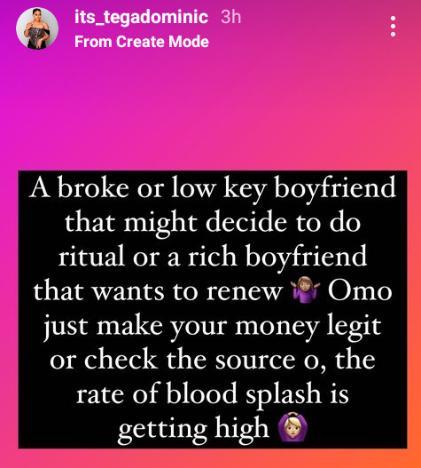 "The rate of blood splash is getting high" - BBNaija star, Tega Dominic expresses concern over rise in ritual killings 