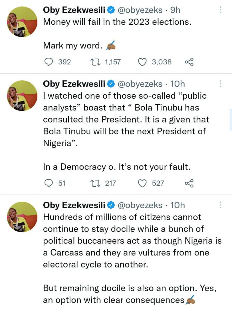 Money will fail in the 2023 elections. Mark my word- Oby Ezekwesili