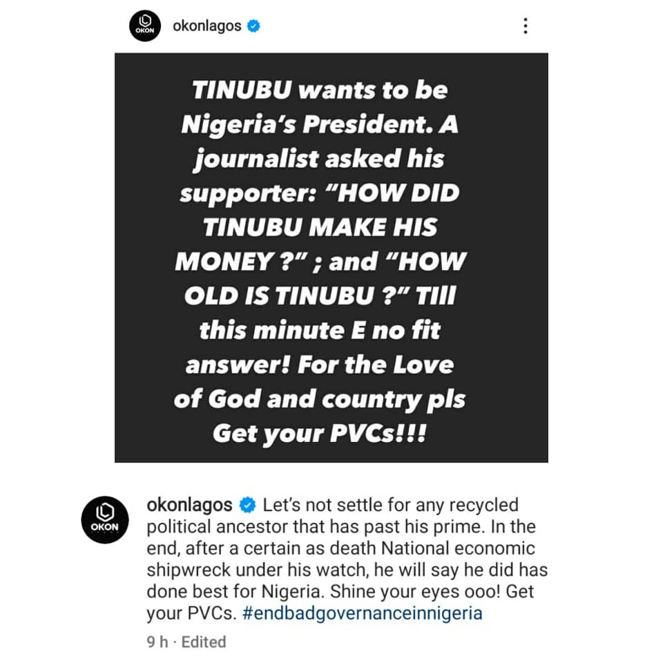 Let?s not settle for any recycled political ancestor that has past his prime - Actor Okon Lagos tell Nigerians after Tinubu