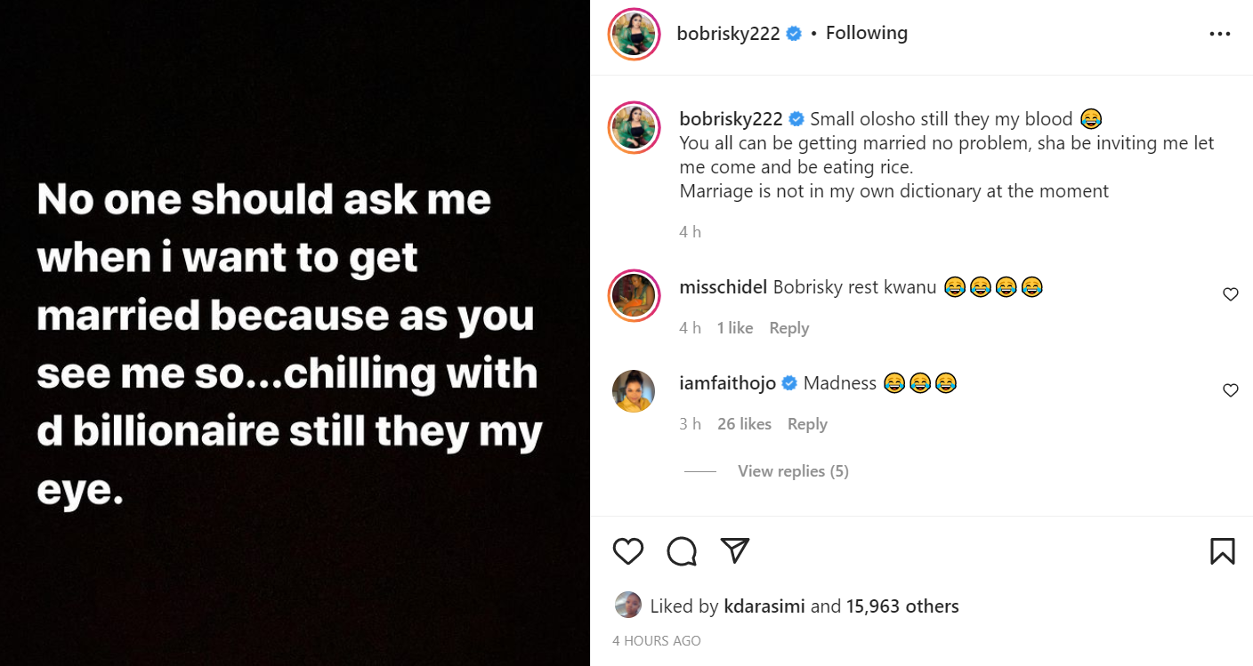 Nobody should ask when I want to get married, small olosho still dey my blood - Bobrisky 