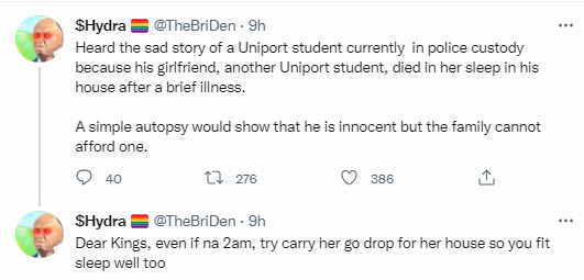 Twitter Stories: UNIPORT student allegedly arrested following the death of his girlfriend in his house