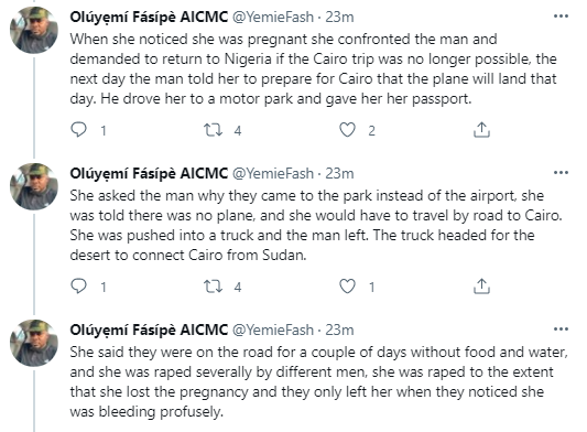 Raped severally by different until she lost her baby - Nigerian lady who was deceived by a man she met online to leave Nigeria for 