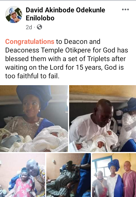 Nigerian couple welcome triplets after 15 years of waiting 
