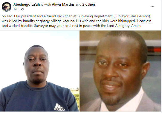 Friends mourn as suspected bandits kill Nigerian surveyor in Kaduna, abduct his wife and three children