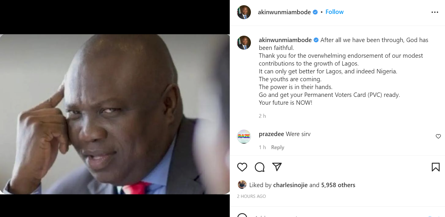 After all we have been through, God has been faithful. The youths are coming and power is in their hands - Ambode writes on Instagram