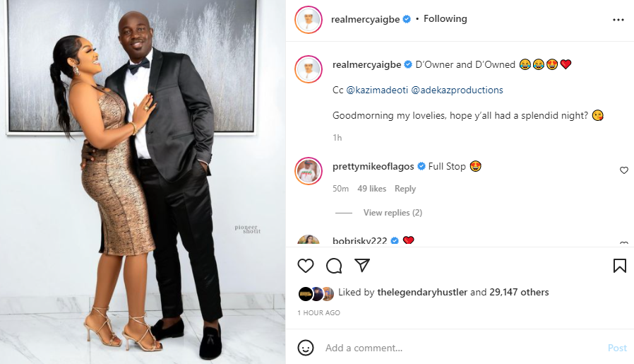 D?Owner and D?Owned - Mercy Aigbe writes as she shares new photo of her and husband Kazim Adeoti