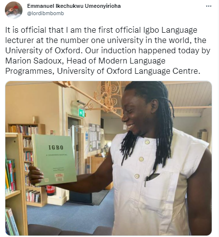Nigerian man shares his excitement at becoming the first Igbo language lecturer at the University of Oxford